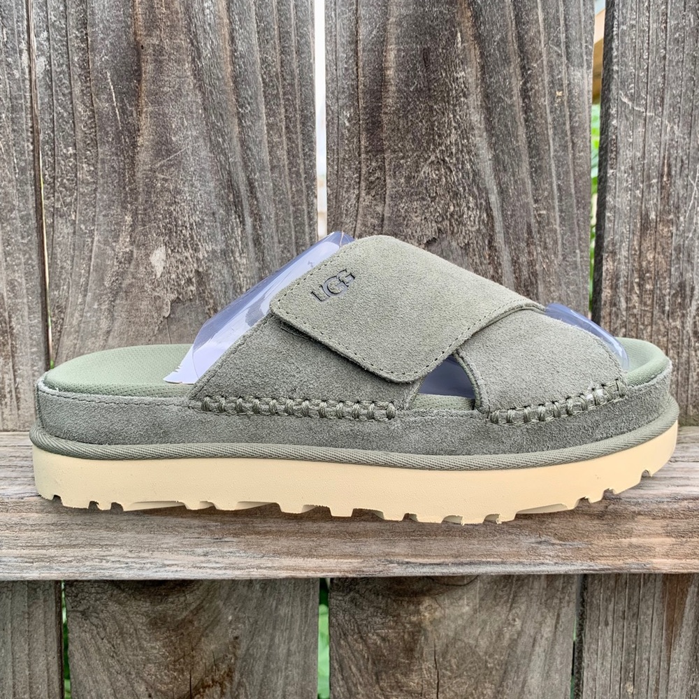UGG Sandals Goldenstar Cross Platform Slide Moss Green Suede Leather - Picture 9 of 16